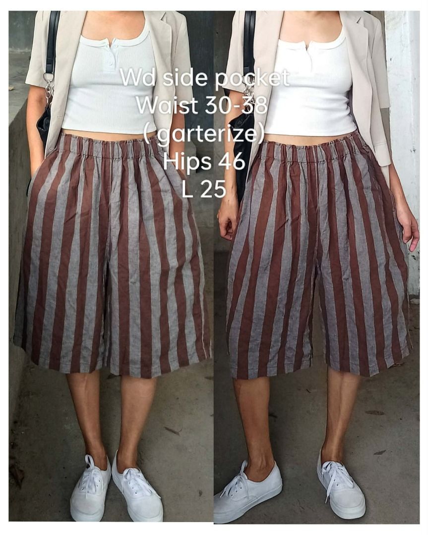 Stripe trendy summer short (Category: Shorts) located in Davao. Submitted by irisrazona16792 (Listing ID 1466175968, Image 1). Description: Wd side pocket cotton Waist 30-38 ( garterize) Hips 46 L 25 good as new.