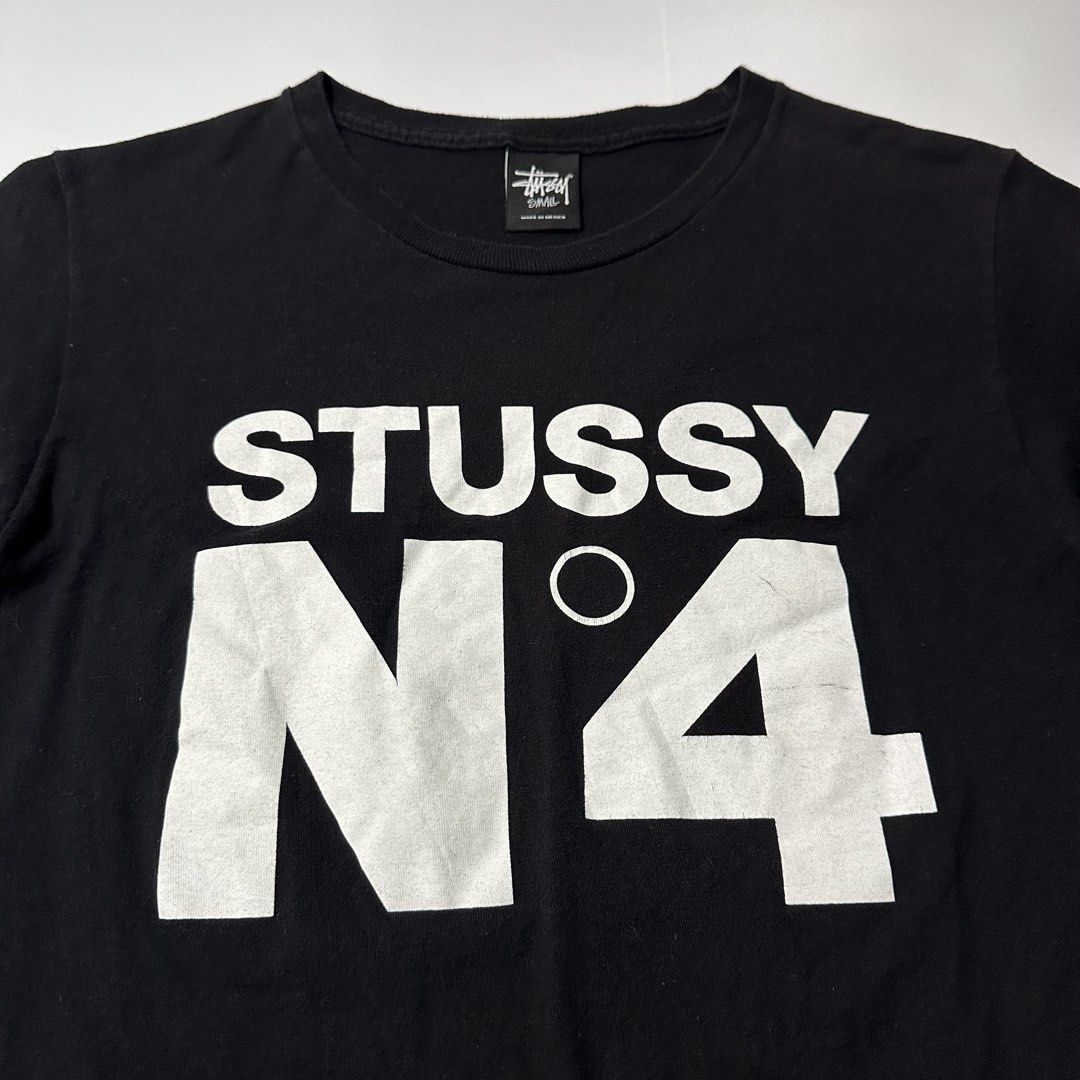 Stussy Nº4 Logo black tee (Category: Activewear) located in Dagupan City. Submitted by unknownlootph (Listing ID 1466326377, Image 3). Description: Size: Small (18x26) Condition: 9/10 Color rate: 9/10 Issue: unnoticeable hairline crackprints (Legit/Authentic).