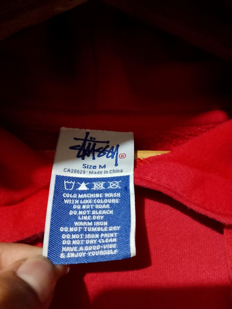 Stussy Red Hoodie Size M (Category: Hoodies) located in Manila. Submitted by adrianaban04817 (Listing ID 1466248086, Image 3). Description: - Brand: Stussy - Size: Medium issue pinhole need wash minimal distress sa hem Cr 8.5 or better .