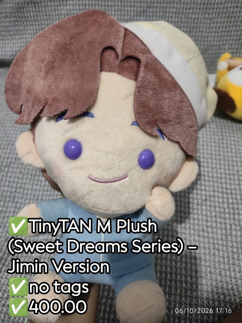 Sweet Dreams Plush Jimin (Category: K-Wave Merchandise) located in Quezon City. Submitted by libro_atbp (Listing ID 1466254940, Image 1). Description: 🧸💜 TINY TAN / BT21 FOR SALE! ⤷ Personal collection decluttering ✨ ⤷ Paubos sale. ⤷ 📸 Prices are on the photos. ⤷ 📍 North Olympus Subd., Quezon City • pm for inquiries • no cancellations! • PAYO ONLY! FIRST-TO-PAY POLICY MOD: sdd/j&t/flash MOP: gcash/maya/gotyme/maribank.