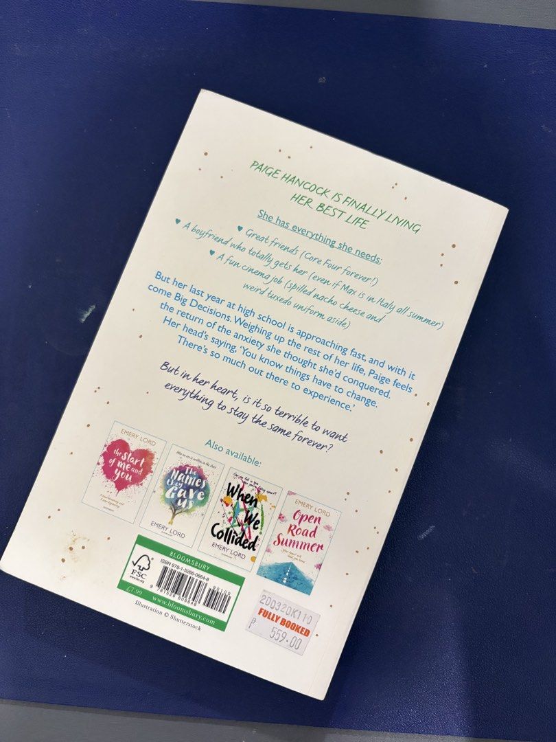 The Map from Here to There by Emery Lord (Category: Storybooks) located in Pasig City. Submitted by munchinitajanella (Listing ID 1466272311, Image 2). Description: - Title/Author: Young adult novel by Emery Lord - Publisher: Bloomsbury - Format: Paperback with blue and green watercolor cover art - Price Tag: Original Fully Booked price sticker on the back cover - Condition: Slight yellowing along the page edges due to storage, but clean and full