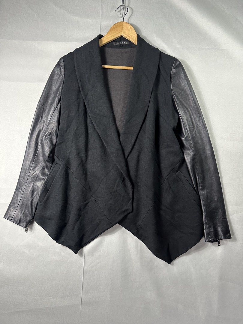 Theory Black Open Front Draped Jacket (Category: Coats, Jackets and Outerwear) located in Cabanglasan. Submitted by thefashiongarage.co (Listing ID 1466335438, Image 2). Description: Title - Theory Model/Name - Open Front Draped Jacket Size on Tag - Small Conditiion - Excellent Condition with no major issue Dimension (WxLxH) - 17x26x16 Inches Category- Casual/Formal/ Outerwear Fitting - Slim Made in - USA Material - Leather Sleeve/ 94% Viscose/6%
