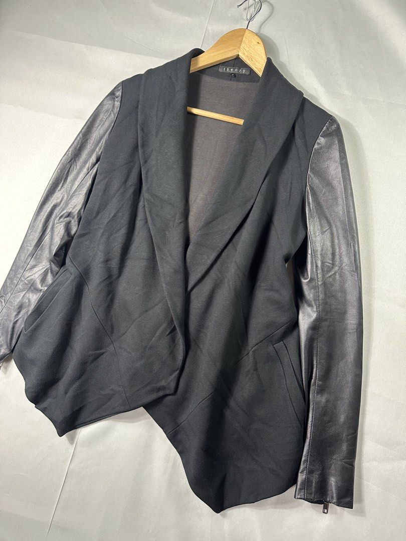 Theory Black Open Front Draped Jacket (Category: Coats, Jackets and Outerwear) located in Cabanglasan. Submitted by thefashiongarage.co (Listing ID 1466335438, Image 3). Description: Title - Theory Model/Name - Open Front Draped Jacket Size on Tag - Small Conditiion - Excellent Condition with no major issue Dimension (WxLxH) - 17x26x16 Inches Category- Casual/Formal/ Outerwear Fitting - Slim Made in - USA Material - Leather Sleeve/ 94% Viscose/6%