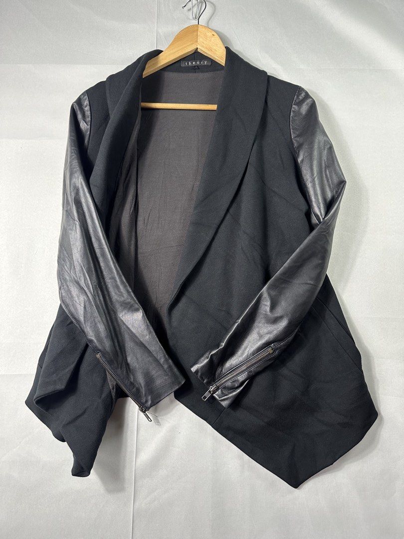 Theory Black Open Front Draped Jacket (Category: Coats, Jackets and Outerwear) located in Cabanglasan. Submitted by thefashiongarage.co (Listing ID 1466335438, Image 1). Description: Title - Theory Model/Name - Open Front Draped Jacket Size on Tag - Small Conditiion - Excellent Condition with no major issue Dimension (WxLxH) - 17x26x16 Inches Category- Casual/Formal/ Outerwear Fitting - Slim Made in - USA Material - Leather Sleeve/ 94% Viscose/6%