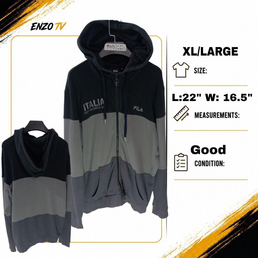 Thirfted Hooded Jacket (Fila) (Category: Coats, Jackets and Outerwear) located in Manila. Submitted by enzo.tv (Listing ID 1466323737, Image 1). Description: Thirfted Hooded jacket size : Large / XL leght: 22" width: 16.5" condition: Good as new.