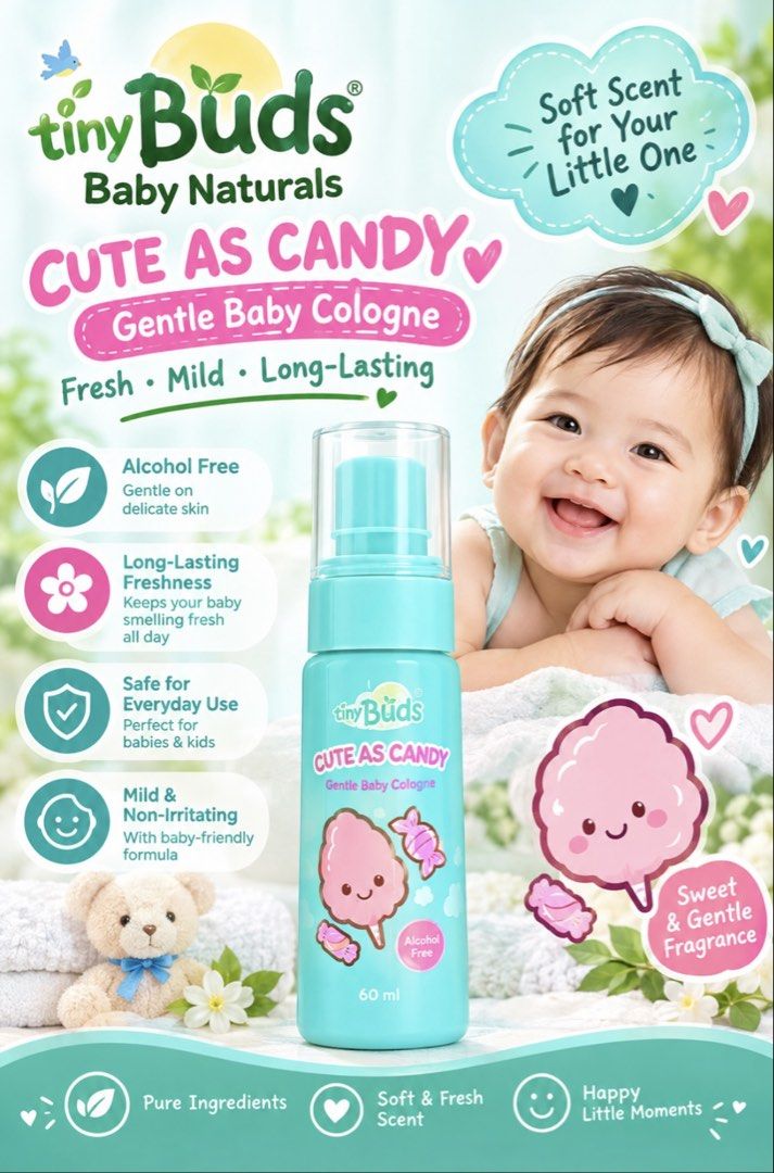 Tiny Buds Cute As Candy Gentle Baby Cologne 60ml (Category: Baby Toiletries & Grooming) located in Marikina City. Submitted by randomcollection11 (Listing ID 1466249300, Image 1). Description: 🍭 tinyBudss Cute As Candy Gentle Baby Cologne – 60ml 💕 Keep your little one smelling fresh, sweet, and cuddly with tinyBuds Cute As Candy Gentle Baby Cologne. Its delightful candy-inspired fragrance is perfect for everyday use, leaving a soft and pleasant