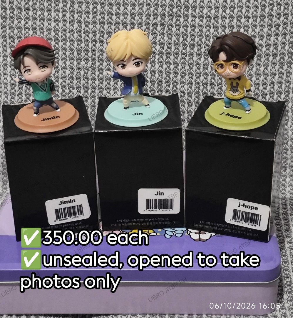 Tiny Tan Mattel Figure Jimin, J-Hope, Jin (Category: K-Wave Merchandise) located in Quezon City. Submitted by libro_atbp (Listing ID 1466258254, Image 1). Description: 🧸💜 TINY TAN / BT21 FOR SALE! ⤷ Personal collection decluttering ✨ ⤷ Paubos sale. ⤷ 📸 Prices are on the photos. ⤷ 📍 North Olympus Subd., Quezon City • pm for inquiries • no cancellations! • PAYO ONLY! FIRST-TO-PAY POLICY MOD: sdd/j&t/flash MOP: gcash/maya/gotyme/maribank.