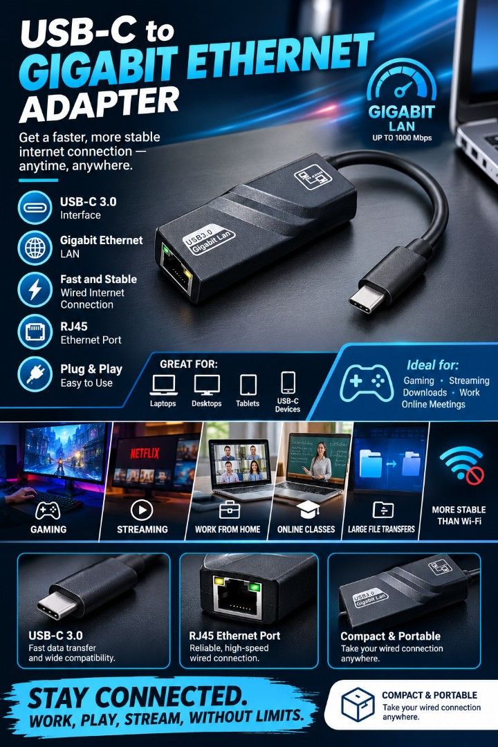 USB-C TO RJ45 ETHERNET/LAN ADAPTER (Category: Cables & Adaptors) located in Taguig. Submitted by wiltech016 (Listing ID 1466313904, Image 1). Description: Features: 🔌 USB-C 3.0 interface 🌐 Gigabit Ethernet LAN ⚡ Fast and stable wired internet connection 🔗 RJ45 Ethernet port 💻 Plug & Play — easy to use 🖥️ Great for laptops, desktops, tablets, and USB-C devices 🎮 Ideal for gaming, streaming, downloads, work, and online meetings 📶 More stable