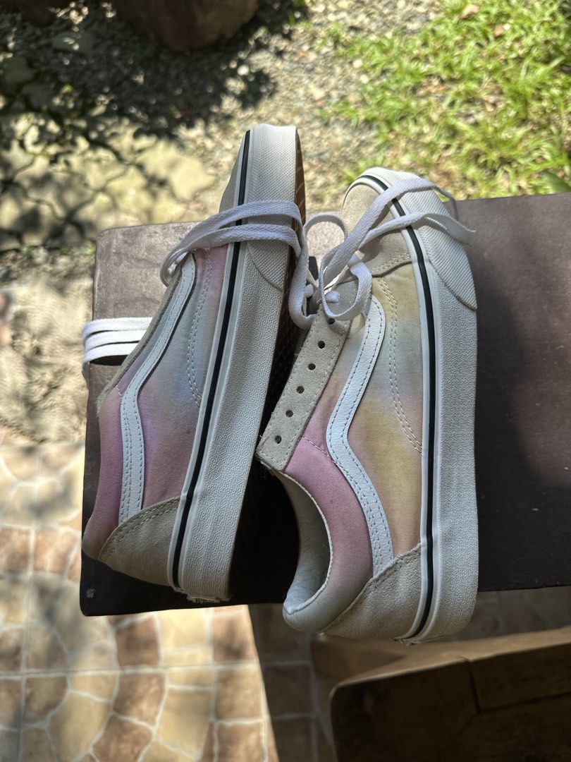 Vans Old Skool Pastel Tie Dye Sneakers (Category: Sneakers) located in Malolos. Submitted by erickanuggets (Listing ID 1466196700, Image 2). Description: - Brand: Vans Old Skool - Colorway: Pastel tie-dye gradient (pink, yellow, and blue) - Material: Classic suede and canvas upper - Details: White laces, white rubber midsoles, and black foxing stripe - Condition: Good, with some light dirt inside the heels from previous wear.