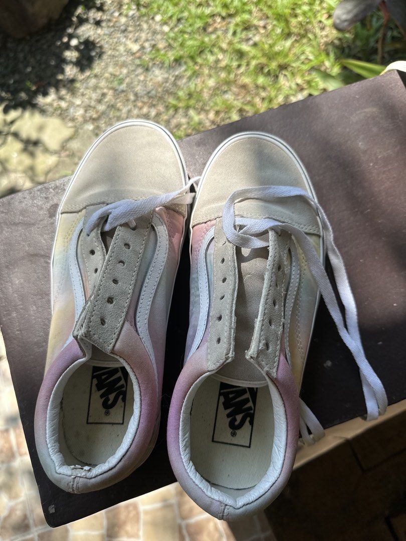 Vans Old Skool Pastel Tie Dye Sneakers (Category: Sneakers) located in Malolos. Submitted by erickanuggets (Listing ID 1466196700, Image 1). Description: - Brand: Vans Old Skool - Colorway: Pastel tie-dye gradient (pink, yellow, and blue) - Material: Classic suede and canvas upper - Details: White laces, white rubber midsoles, and black foxing stripe - Condition: Good, with some light dirt inside the heels from previous wear.