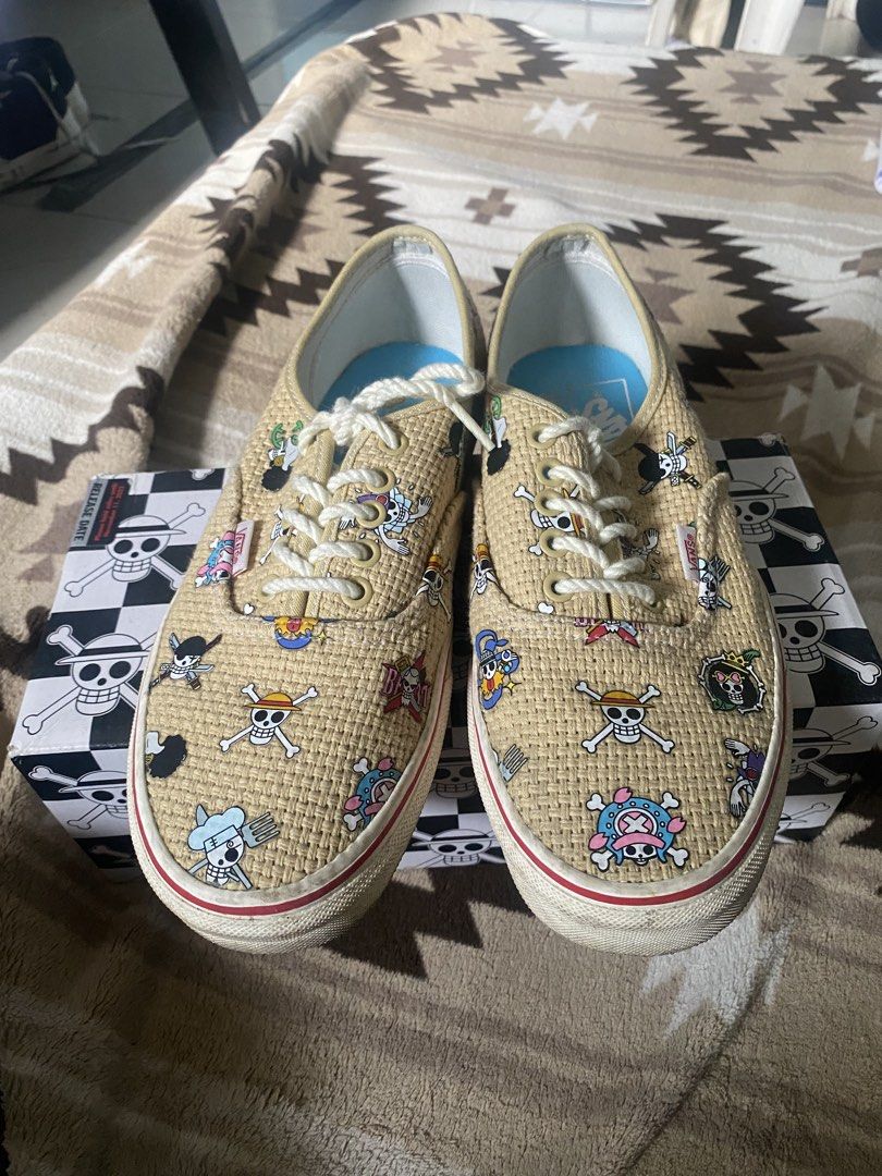 Vans x One Piece Authentic Straw Hat Luffy Shoes (Category: Sneakers) located in Manila. Submitted by punpunyaman (Listing ID 1466199525, Image 1). Description: - Brand: Vans Authentic x One Piece Collaboration - Design: Straw-textured upper featuring iconic pirate crew jolly rogers and Chopper's hat motifs - Details: White rope laces, bright blue insoles, and signature red foxing stripe on midsole - Size: US Men 8.5 / US Women 10.0 / EUR 41.0 / 