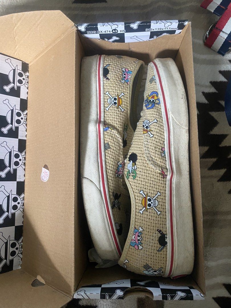 Vans x One Piece Authentic Straw Hat Luffy Shoes (Category: Sneakers) located in Manila. Submitted by punpunyaman (Listing ID 1466199525, Image 2). Description: - Brand: Vans Authentic x One Piece Collaboration - Design: Straw-textured upper featuring iconic pirate crew jolly rogers and Chopper's hat motifs - Details: White rope laces, bright blue insoles, and signature red foxing stripe on midsole - Size: US Men 8.5 / US Women 10.0 / EUR 41.0 / 