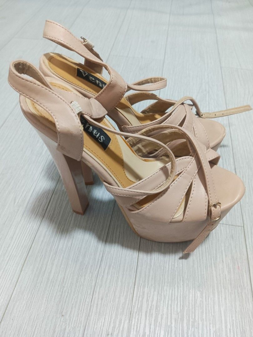 Venus Nude Platform Strappy High Heels (Category: Heels) located in Navotas City. Submitted by prelovedheelsandshoes (Listing ID 1466281035, Image 3). Description: - Brand: Venus - Style: Nude platform high heels with strappy criss-cross front and ankle strap with buckle closure - Heel: Chunky high block heel - Condition: Shows scuff marks, peeling, and wear on the platform and straps (check photos for issues) - size 35.