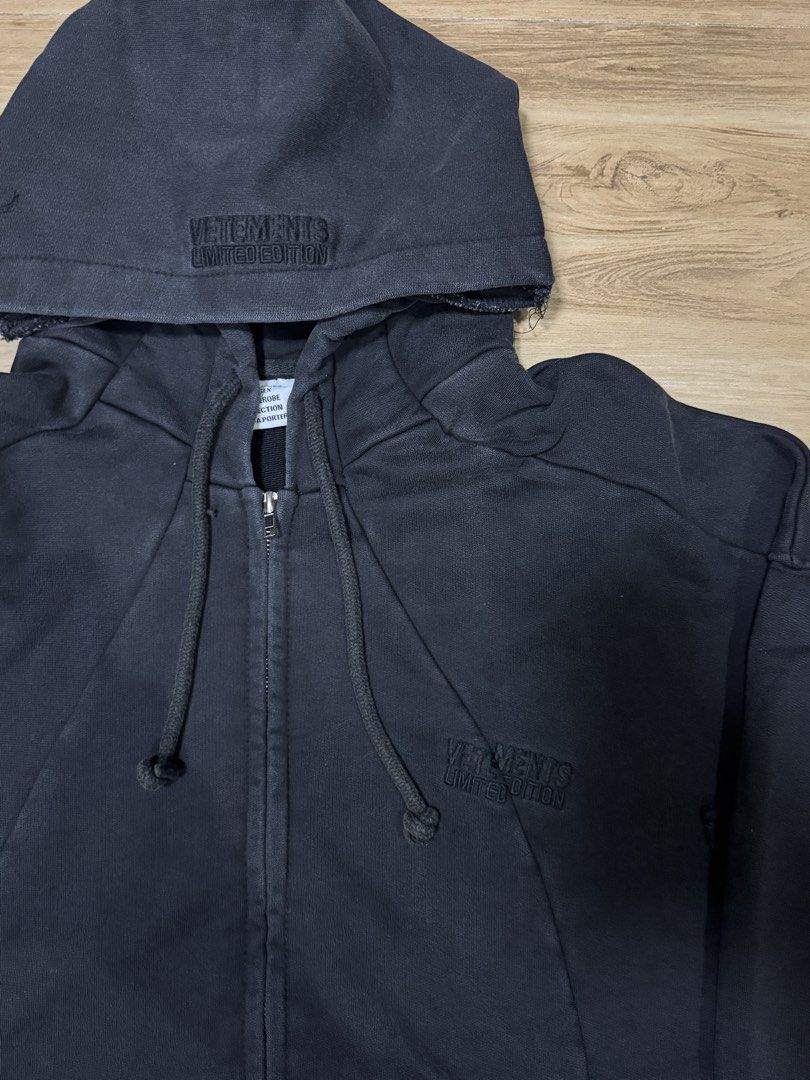 Vetements Deconstructed Zip Up (Category: Hoodies) located in Cavite. Submitted by zirji (Listing ID 1466290625, Image 3). Description: cut up zip from vet, sleeves are huge and wide super sick Size L PTP: 30.5” Length: 29” Price Negotiable.