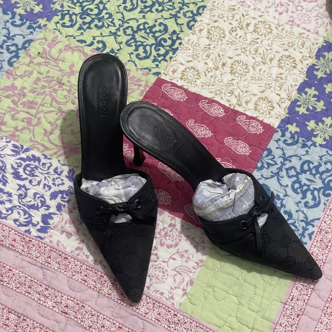 Vintage Gucci Black Monogram Pointed Toe Heels (Category: Sneakers & Footwear) located in Tuguegarao City. Submitted by ziggerryy (Listing ID 1466193411, Image 1). Description: No flaws. No holes. No heel drags. 35.5/36(slim) Super ganda😍 .