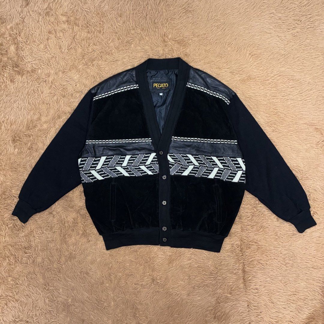 Vintage Pecato Uomo Spain Cardigan (Category: Coats, Jackets and Outerwear) located in Nabua. Submitted by elevadoray (Listing ID 1466302790, Image 1). Description: Vintage Pecato Uomo Spain Cardigan Material: Wool, Leather, Suede Knitted Fabric XL (27 x 28.5 Inches) Excellent Condition (10/10) P650 Other Detail: -1 Extra Button -With Side Pocket.