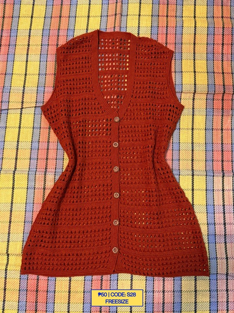 Vintage Rust Orange Crocheted Button-Down Vest (Category: Sleeveless) located in Baliuag. Submitted by from.linea (Listing ID 1466240483, Image 1). Description: Size and details are indicated in the photo..