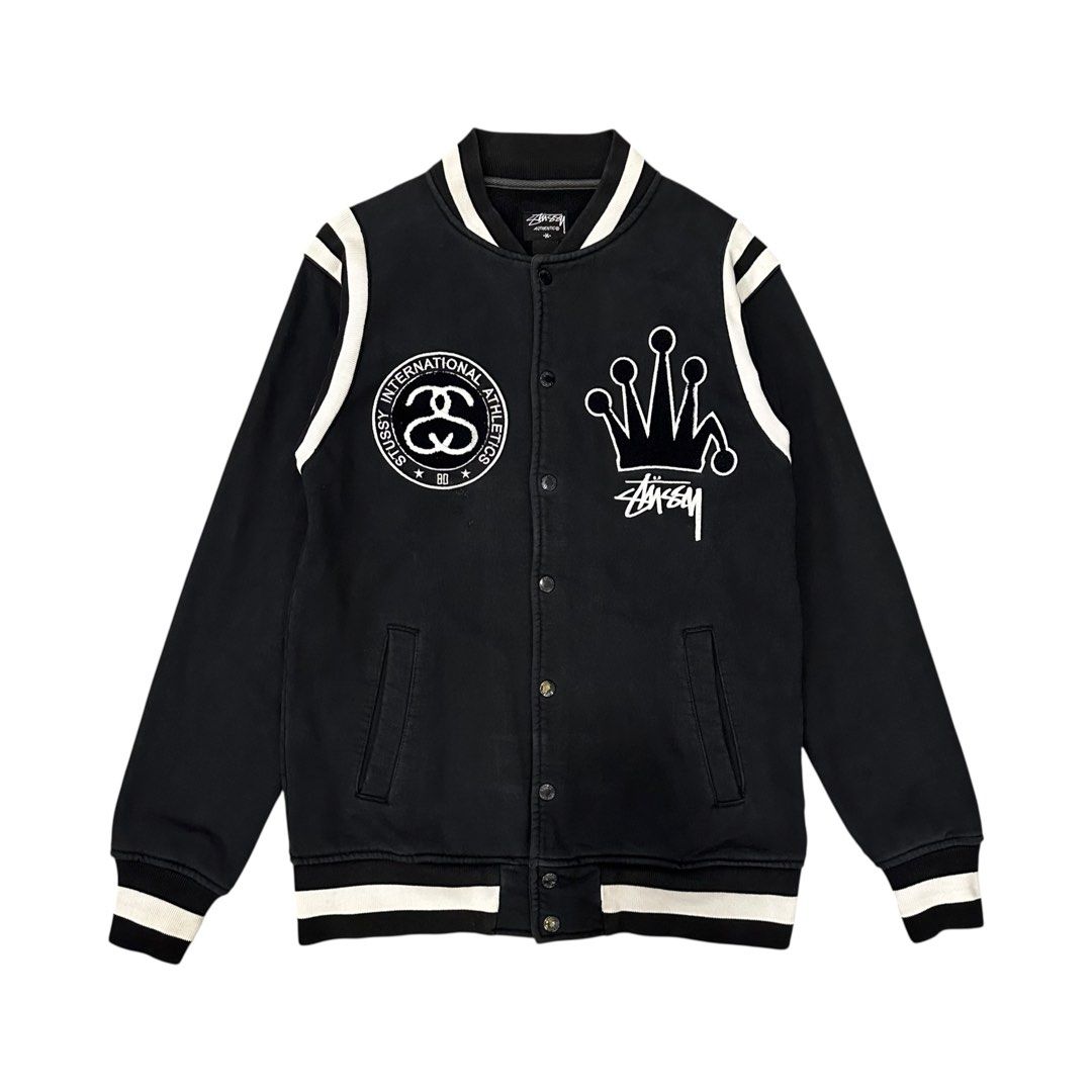 Vintage Stussy Embroidered Patch Logo Varsity Jacket (Category: Activewear) located in Dagupan City. Submitted by unknownlootph (Listing ID 1466327433, Image 1). Description: Size: fits Medium to Large (20x30) Condition: 9/10 Color rate: 9/10 Issue: fading on snap button (Legit/Authentic) — RARE 👑.