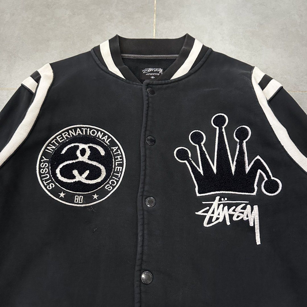Vintage Stussy Embroidered Patch Logo Varsity Jacket (Category: Activewear) located in Dagupan City. Submitted by unknownlootph (Listing ID 1466327433, Image 3). Description: Size: fits Medium to Large (20x30) Condition: 9/10 Color rate: 9/10 Issue: fading on snap button (Legit/Authentic) — RARE 👑.