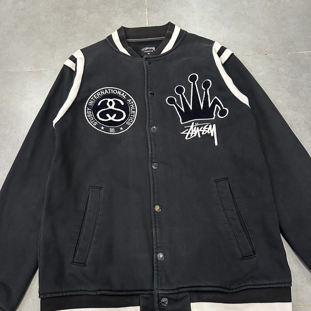 Vintage Stussy Embroidered Patch Logo Varsity Jacket (Category: Activewear) located in Dagupan City. Submitted by unknownlootph (Listing ID 1466327433, Image 2). Description: Size: fits Medium to Large (20x30) Condition: 9/10 Color rate: 9/10 Issue: fading on snap button (Legit/Authentic) — RARE 👑.