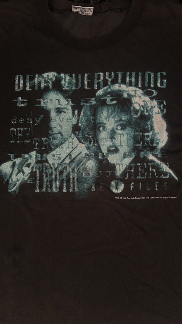 Vintage The X-Files - Deny Everything (Category: Tshirts & Polo Shirts ) located in Batangas. Submitted by get.looted (Listing ID 1466222195, Image 2). Description: Vintage 1996 The X-Files - Deny Everything Top Heavy on tag 24x28 XL Fitting .