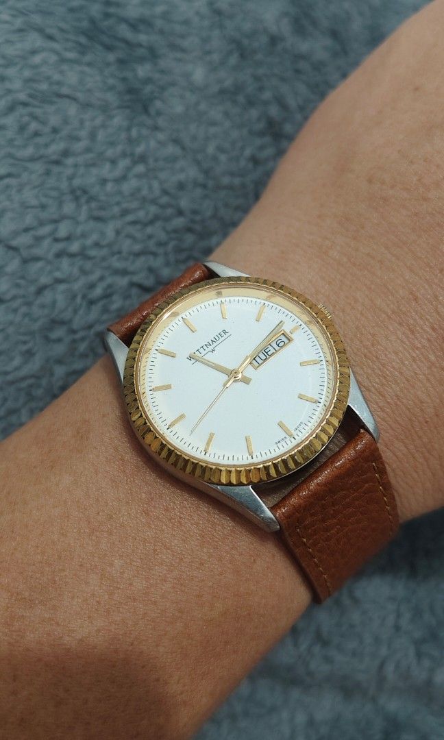 Vintage Wittnauer ( Sapphire Crystal) (Category: Men's Watches) located in Cebu City. Submitted by aceoftime (Listing ID 1466309527, Image 2). Description: In good working condition Swiss Made Swiss analog quartz w/ day-date display Stainless steel with gold plated fluted bezel Classic minimalist design Watch only Our Guarantee: 💯 Authentic All watches are checked by our experienced technician to ensure good functionality Please manage your expe