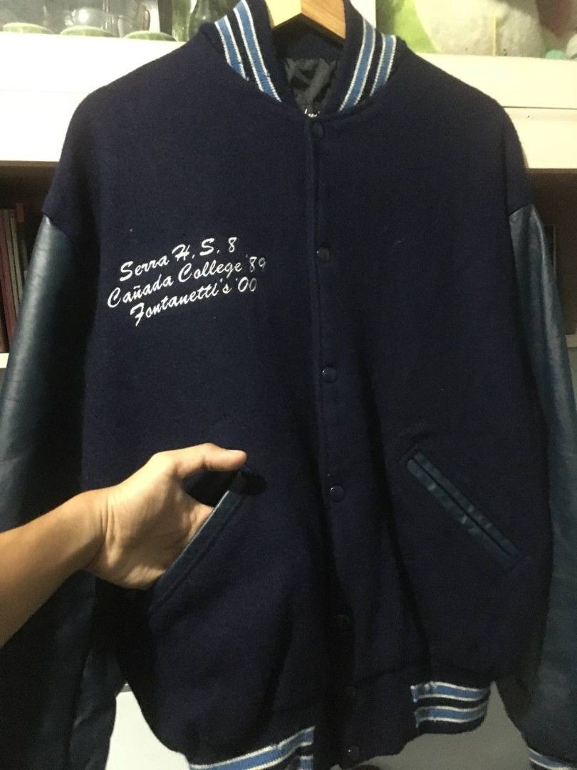 Vintage Wool and Leather Sleeves Varsity Jacket (Category: Coats, Jackets and Outerwear) located in Tuguegarao City. Submitted by dip_thrifts (Listing ID 1466212166, Image 3). Description: Vintage Wool and Leather Sleeves Varsity Jacket 28 width × 27 length Best fit xl 9.5/10 condition or better 9.5/10 color rate or better Wool body material Leather sleeves material Tight ribbings Embroid chest design Pinholes.