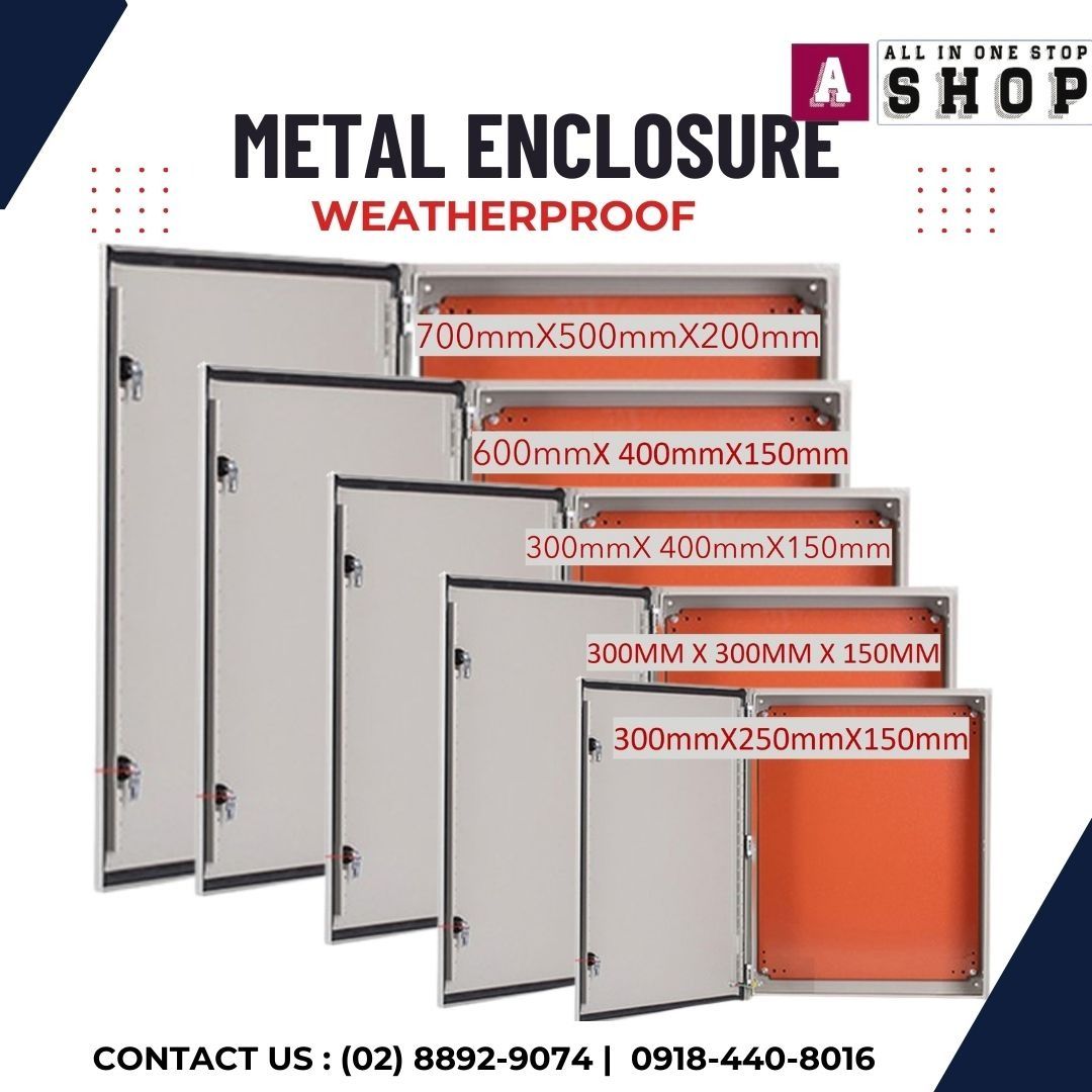 Weatherproof Metal Enclosure Electrical Box Multiple Sizes Available (Category: Construction & Building Materials) located in Caloocan City. Submitted by jcs_ra_892 (Listing ID 1466159824, Image 1). Description: - Weatherproof metal enclosure box ideal for electrical setups and industrial wiring - Heavy-duty construction with a secure locking latch and protective rubber door seal - Includes an orange internal mounting plate and pre-installed grou