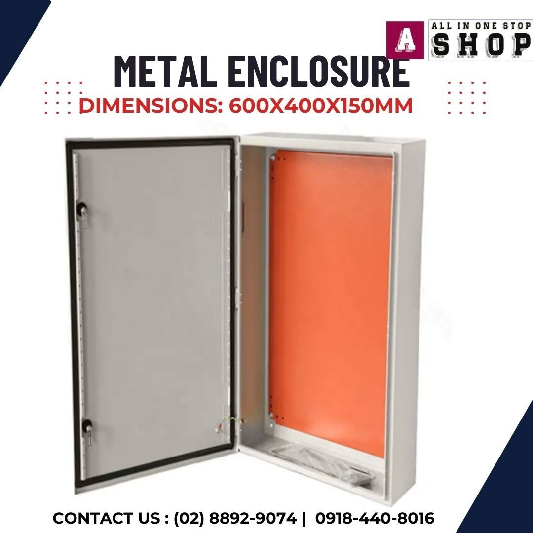 Weatherproof Metal Enclosure Electrical Box Multiple Sizes Available (Category: Construction & Building Materials) located in Caloocan City. Submitted by jcs_ra_892 (Listing ID 1466159824, Image 2). Description: - Weatherproof metal enclosure box ideal for electrical setups and industrial wiring - Heavy-duty construction with a secure locking latch and protective rubber door seal - Includes an orange internal mounting plate and pre-installed grou