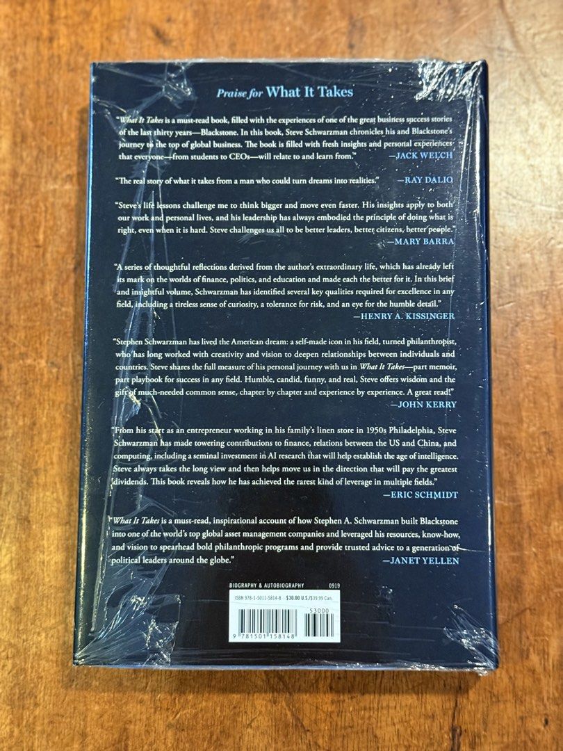 What It Takes by Stephen A. Schwarzman (Category: Storybooks) located in Pasig City. Submitted by mxvxt (Listing ID 1466227347, Image 2). Description: 〰 hardcover 〰 brand new and unread, still in original plastic shrink wrap 〰 content: leadership lessons, business strategies, and personal memoirs 〰 perfect for: entrepreneurs, students, professionals aiming for excellence, or as a christmas gift!.