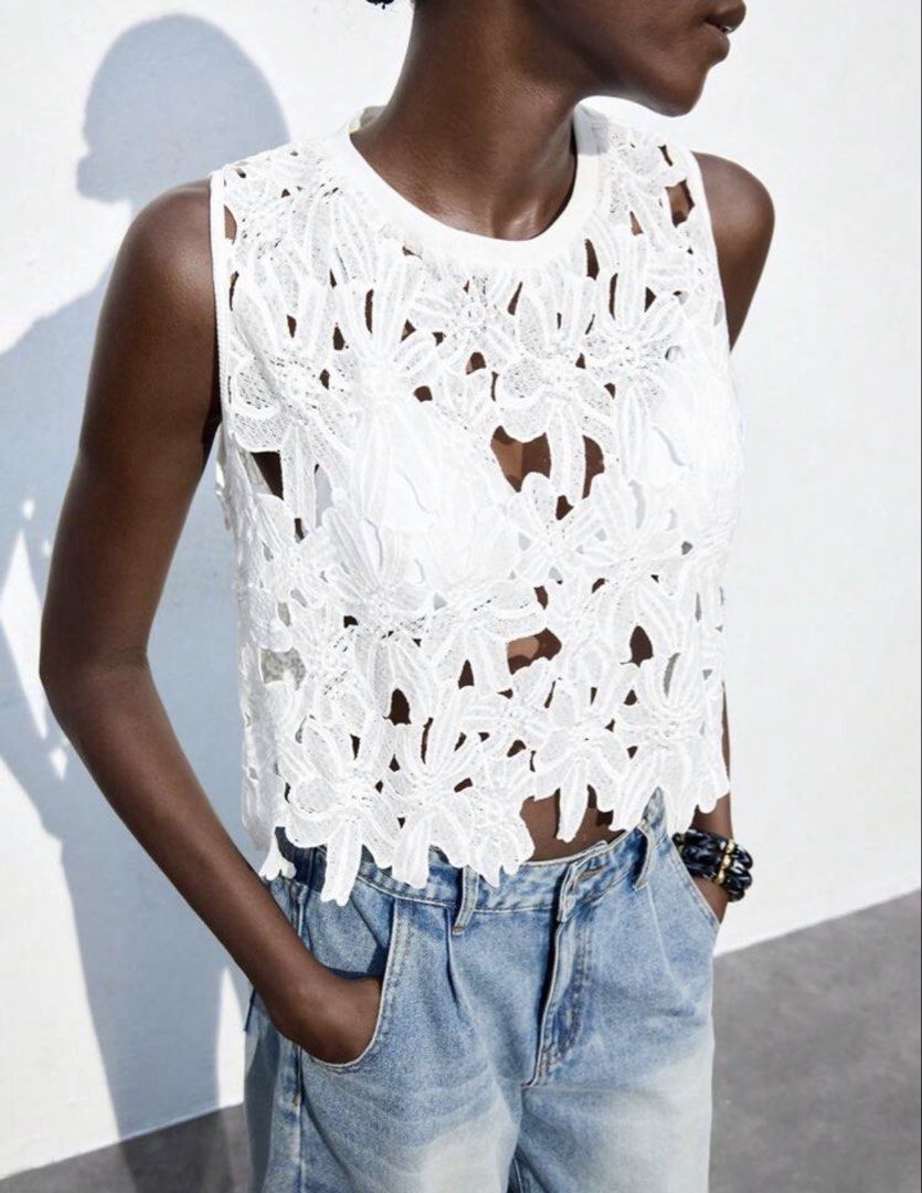 White Floral Lace Cutout Crop Top (Category: Sleeveless) located in Tanauan. Submitted by declutterwithshai (Listing ID 1466176104, Image 2). Description: • used once • size medium • 39” bust; 14.8” shoulder; 19.7” length.