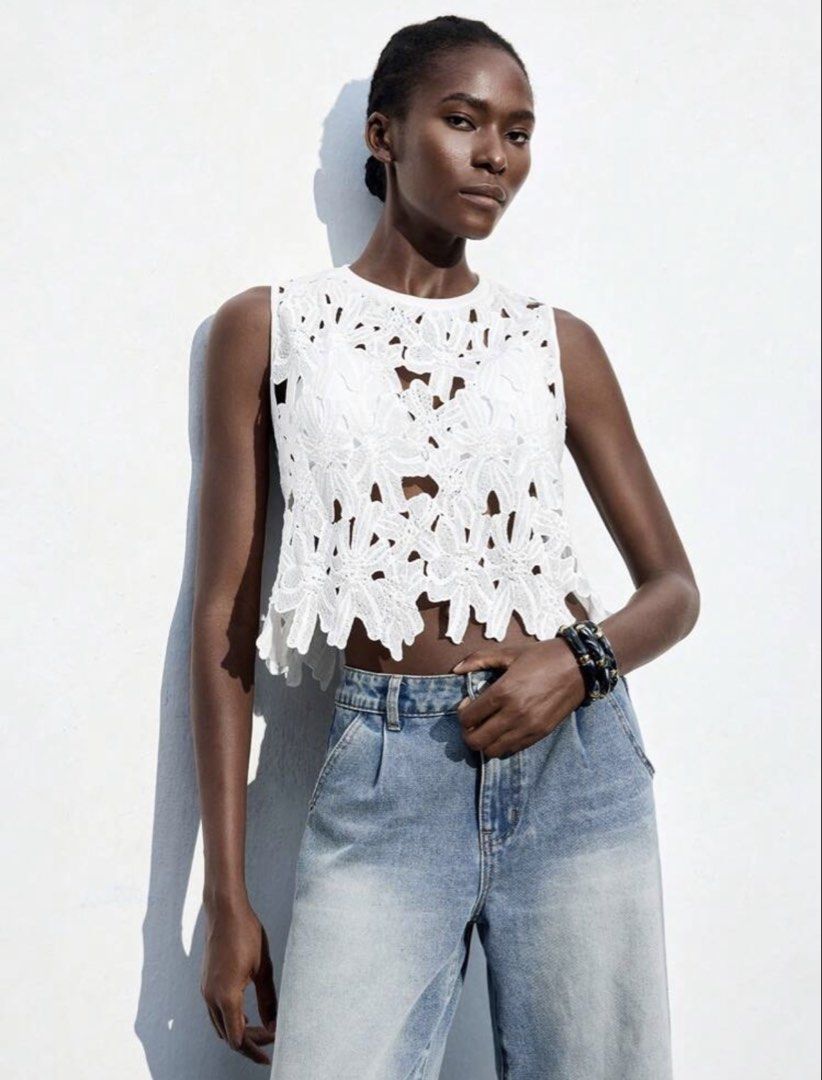 White Floral Lace Cutout Crop Top (Category: Sleeveless) located in Tanauan. Submitted by declutterwithshai (Listing ID 1466176104, Image 1). Description: • used once • size medium • 39” bust; 14.8” shoulder; 19.7” length.