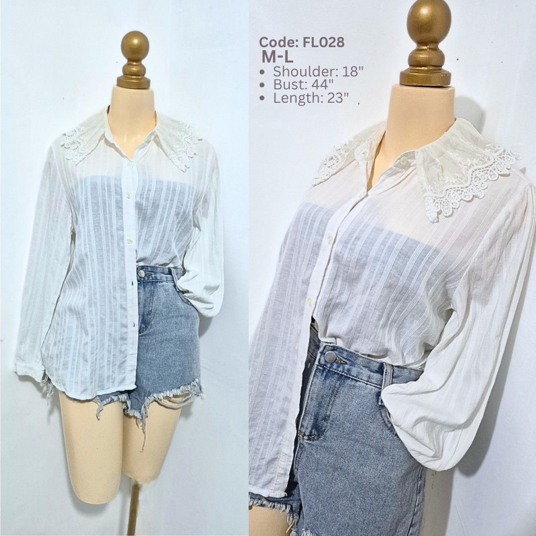 White Lace Collar Striped Blouse | Long Sleeve Button Down | M-L (Category: Longsleeves) located in Cabanatuan. Submitted by _erboutique (Listing ID 1466329801, Image 1). Description: • White semi-sheer vertical striped shirt • Delicate scalloped lace collar detail • Button front, lightweight textured fabric • Relaxed fit | Size M–L • Shoulder 18" | Bust 44" | Length 23" • Feminine casual office wear • Excellent preowned condition.