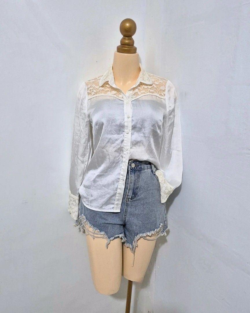 White Lace Panel Blouse | Long Sleeve Button Down Top | S-M (Category: Longsleeves) located in Cabanatuan. Submitted by _erboutique (Listing ID 1466329687, Image 3). Description: • White collared blouse with delicate lace yoke & cuffs • Silky smooth semi-sheer fabric • Button front, elegant feminine design • Size S–M | Bust 36" | Length 21" • Smart casual office formal wear • Excellent preowned condition.