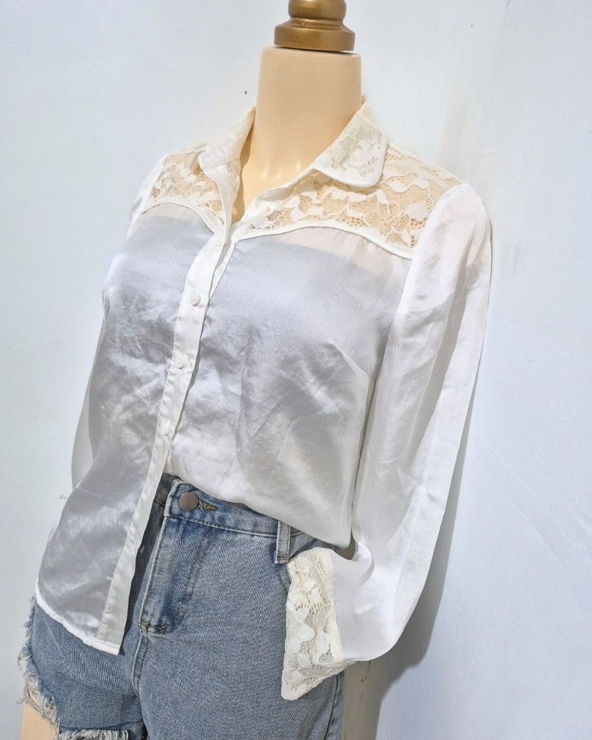 White Lace Panel Blouse | Long Sleeve Button Down Top | S-M (Category: Longsleeves) located in Cabanatuan. Submitted by _erboutique (Listing ID 1466329687, Image 2). Description: • White collared blouse with delicate lace yoke & cuffs • Silky smooth semi-sheer fabric • Button front, elegant feminine design • Size S–M | Bust 36" | Length 21" • Smart casual office formal wear • Excellent preowned condition.