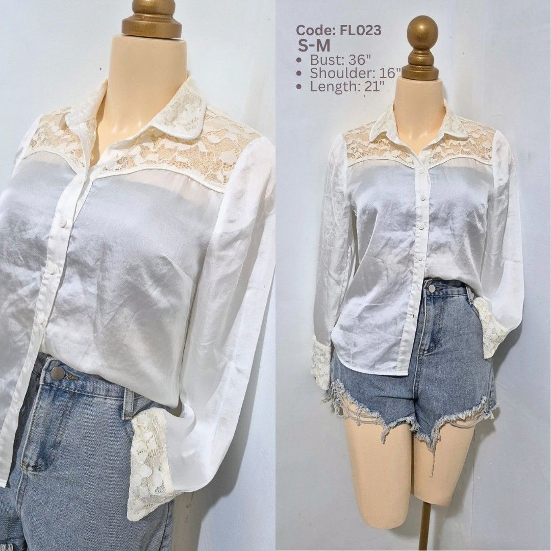White Lace Panel Blouse | Long Sleeve Button Down Top | S-M (Category: Longsleeves) located in Cabanatuan. Submitted by _erboutique (Listing ID 1466329687, Image 1). Description: • White collared blouse with delicate lace yoke & cuffs • Silky smooth semi-sheer fabric • Button front, elegant feminine design • Size S–M | Bust 36" | Length 21" • Smart casual office formal wear • Excellent preowned condition.