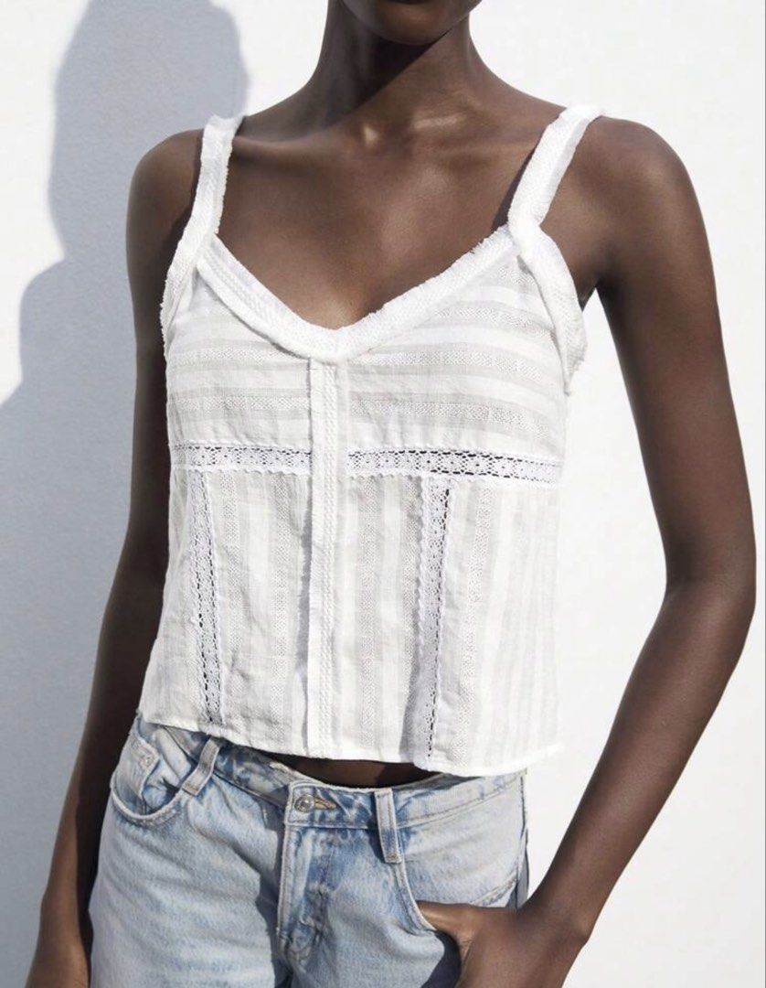 White Lace Trim Camisole Top (Category: Sleeveless) located in Tanauan. Submitted by declutterwithshai (Listing ID 1466176576, Image 1). Description: • used once • size medium • bust: 38.5”.