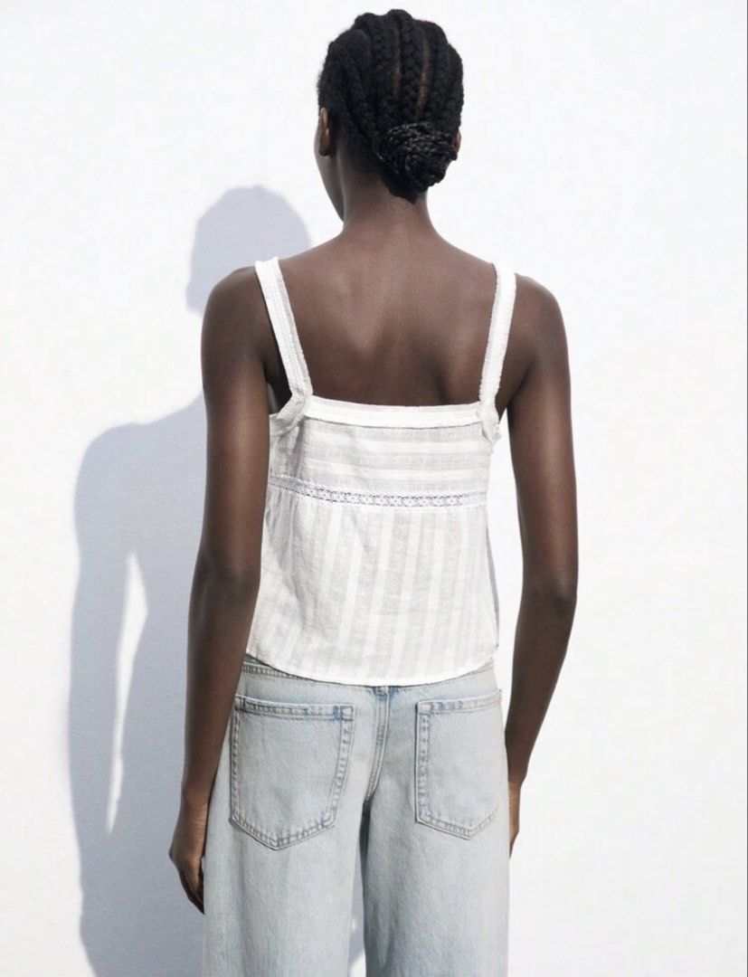 White Lace Trim Camisole Top (Category: Sleeveless) located in Tanauan. Submitted by declutterwithshai (Listing ID 1466176576, Image 3). Description: • used once • size medium • bust: 38.5”.