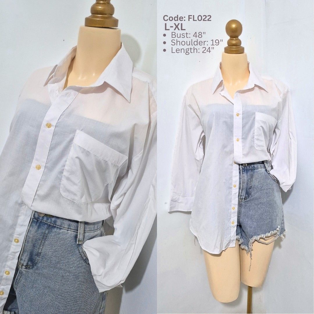 White Oversized Button Down Shirt | Long Sleeve Blouse | L-XL (Category: Longsleeves) located in Cabanatuan. Submitted by _erboutique (Listing ID 1466329623, Image 1). Description: • Classic white collared shirt • Gold-tone buttons, chest pocket • Semi-sheer lightweight fabric • Loose relaxed fit | Size L–XL • Bust 48" | Shoulder 19" | Length 24" • Casual office everyday wear • Excellent preowned condition.
