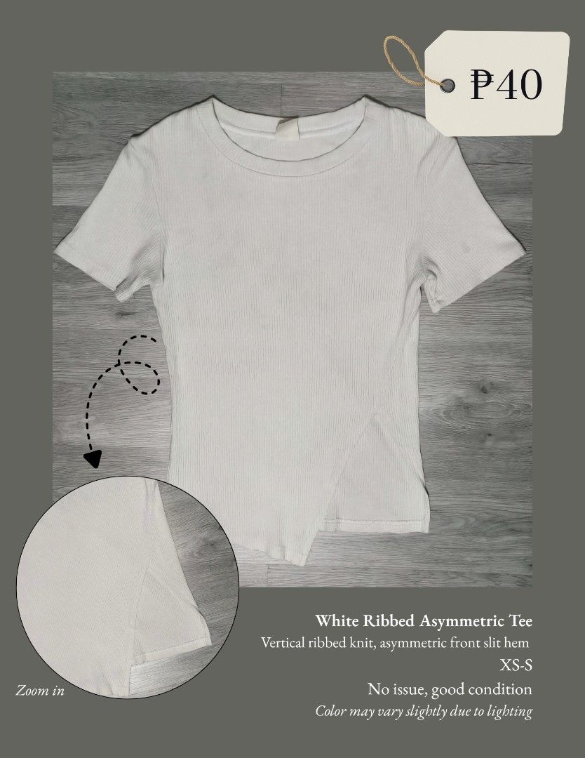 White Ribbed Asymmetric Tee (Category: Shirts) located in Imus. Submitted by calmwolf_b9c1c6 (Listing ID 1466222419, Image 1). Description: - Color: White - Material: Ribbed knit - Size: Fits Extra Small to Small - Details: Short sleeves, crew neckline, asymmetric front slit hem - Style: Casual basic, easy to pair with jeans or skirts.