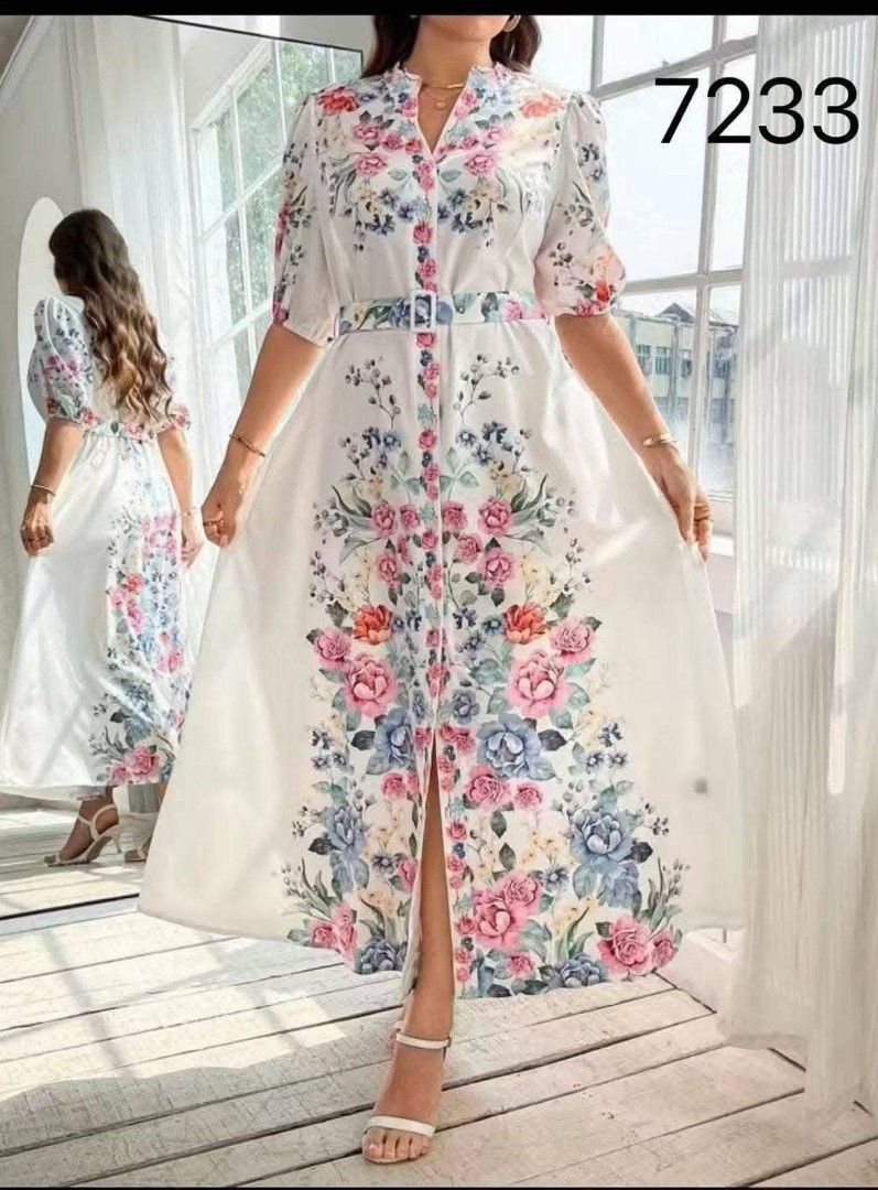 women fashion (Category: Dresses) located in Manila. Submitted by nikita02_kara (Listing ID 1466180694, Image 2). Description: 📌Polo Floral.dress with botton with belt fit large xl.cotton linen fabric.
