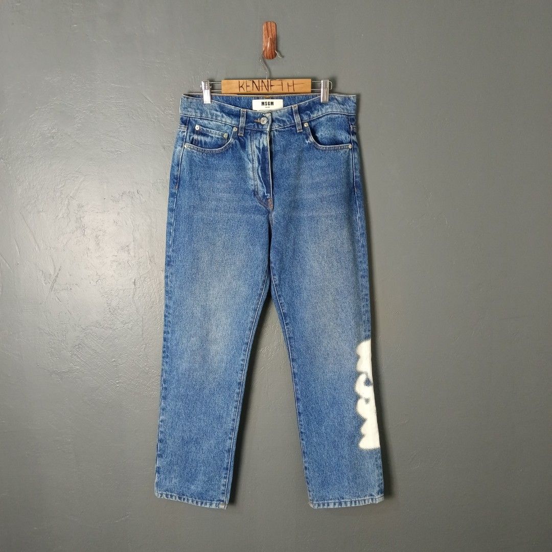 Women's - MSGM (Category: Jeans) located in Bacolod City. Submitted by drop.ph (Listing ID 1466242597, Image 2). Description: MSGM - Logo Print Straight Leg Jeans Authentic *Fits 30-31, Length - 38, Leg Opening - 7.5 *Excellent cloth *Minor stain *Price: 1,500php *Add SF if outside Bacolod City .