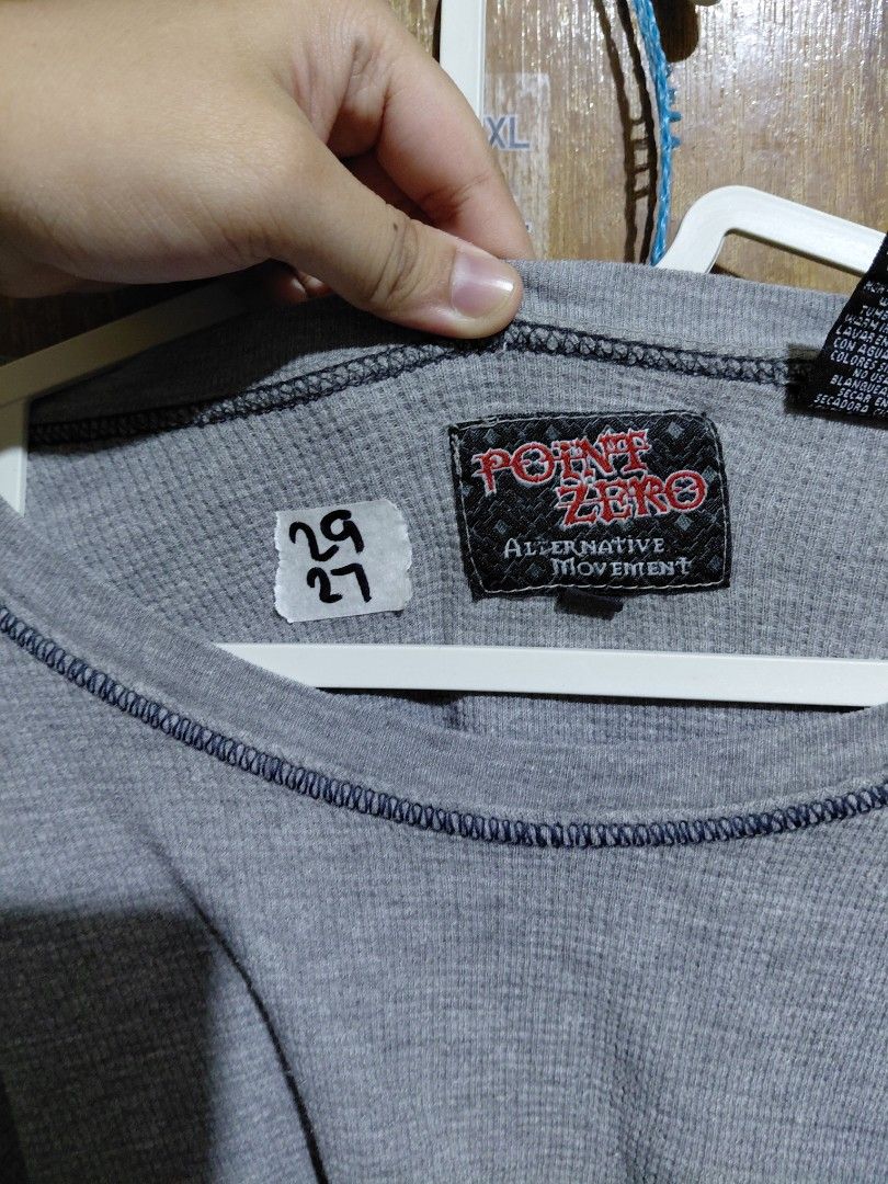 Y2K Point Zero Alternative Movement Grey Long Sleeve Thermal (Category: Tshirts & Polo Shirts ) located in Imus. Submitted by frootiloots4103 (Listing ID 1466314512, Image 2). Description: Grey long sleeve top from Point Zero Alternative Movement. Made in India. Material blend of cotton and rayon. Waffle knit thermal texture. Dark contrast stitching along the neckline and seams. Crew neck design. Comfortable everyday wear for cooler days..