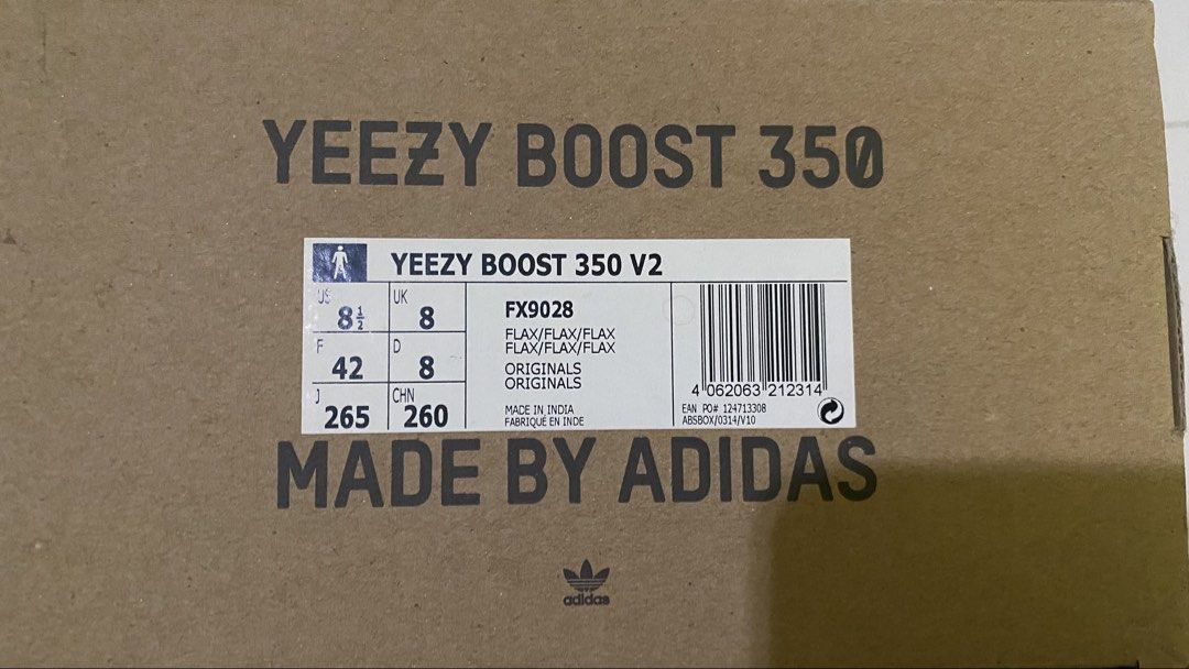 Yeezy Boost 350 V2 (Category: Casual Shoes) located in Bacolod City. Submitted by cosmicowl.f43056 (Listing ID 1466319481, Image 2). Description: - Adidas Yeezy Boost 350 V2 - Color: Flax - Size: US 8.5, UK 8, EUR 42, J 265 - Includes original box - Made in India.