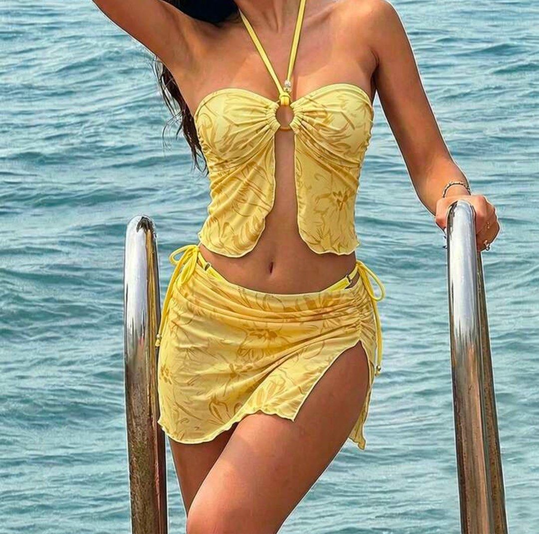 Yellow Backless Halter Top & Mini Skirt with Slit (Category: Sets or Coordinates) located in Quezon City. Submitted by rarepieces.xsabine (Listing ID 1466179070, Image 1). Description: • used only once • no issue .