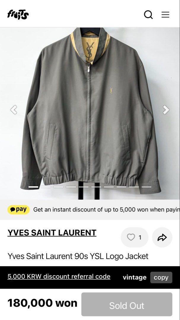 Yves Saint Laurent 90s YSL Logo Jacket (Category: Coats, Jackets and Outerwear) located in Kidapawan. Submitted by azythrift (Listing ID 1466270704, Image 1). Description: - Authentic vintage 90s Yves Saint Laurent designer piece - Size medium to large fittings - Issue missing puller the rest excellent - Classic grey body with contrast tan collar detailing - Small embroidered YSL monogram logo on the chest - Large YSL branding embroidered on the 
