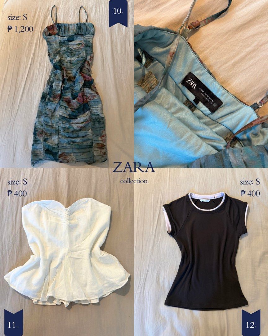 Zara Preloved Tops & Dress (Category: Others Tops) located in Taguig. Submitted by gailleee (Listing ID 1466278856, Image 1). Description: - Floral Ruched Dress: ₱1,200 - White Strapless Top: ₱400 - Black Fitted Shirt: ₱400 - Grey Button Vest (with original tags): ₱700 - Beige Pleated Shorts: ₱600 - Kindly message first for specific item availability!.