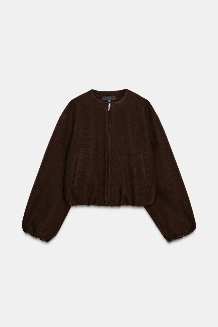 Zara Viral oversized Dark Brown Soft Touch Bomber Jacket (Category: Others Tops) located in Taguig. Submitted by madeasoncloset (Listing ID 1466169572, Image 1). Description: Size L Fits relaxed fit New With Tag No haggling Cute Jacket .