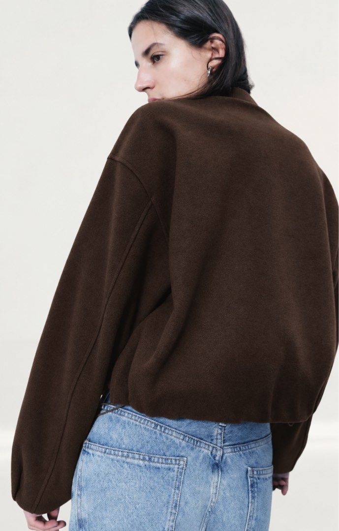 Zara Viral oversized Dark Brown Soft Touch Bomber Jacket (Category: Others Tops) located in Taguig. Submitted by madeasoncloset (Listing ID 1466169572, Image 3). Description: Size L Fits relaxed fit New With Tag No haggling Cute Jacket .
