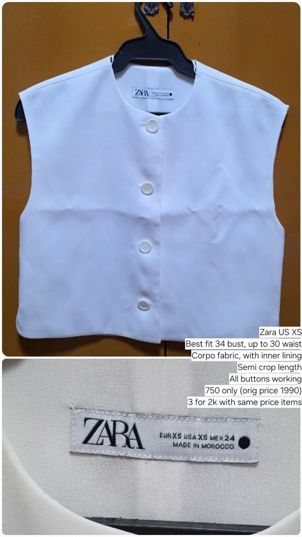 Zara White Crop Vest Size XS (Category: Sleeveless) located in Pasig City. Submitted by jannetteg (Listing ID 1466219237, Image 1). Description: - Brand: Zara - Size: US XS (Best fit: 34" bust, up to 30" waist) - Material: Corpo fabric with inner lining - Style: Semi-crop length, all buttons working properly - Condition: Excellent - Price: ₱750 (Orig. ₱1,990) - Promo: Bundle 3 items for ₱2,000 across same-priced items 📍Pasig 🤝Estancia on agreed